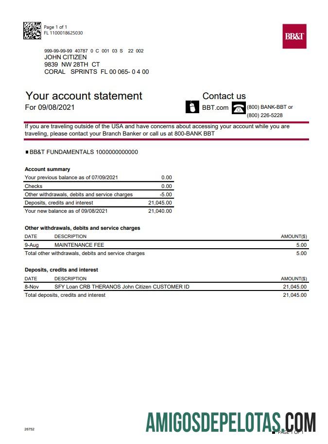 Modelo realista de extrato de conta bancária da Carolina do Norte dos EUA BB&T Corp. em formato Excel e PDF
